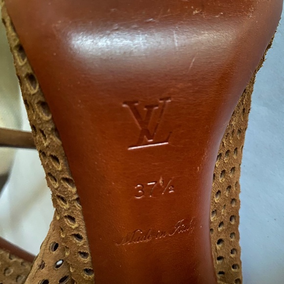 Louis Vuitton brown suede open toe perforated ankle stra boots heels booties 7.5 - Picture 10 of 10